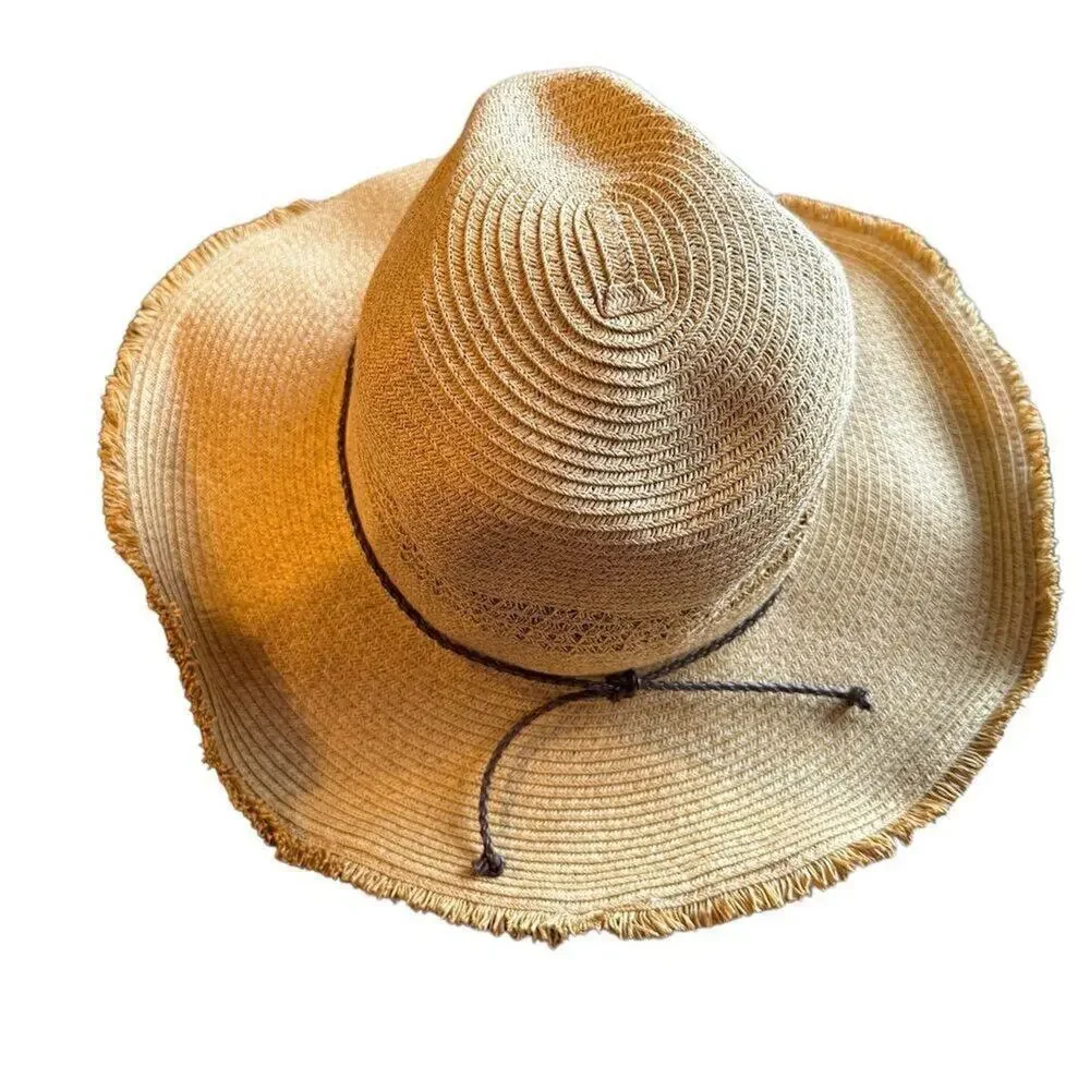 Women's Beige Straw Sun Hat Wide Brim Frayed Lightweight One Size